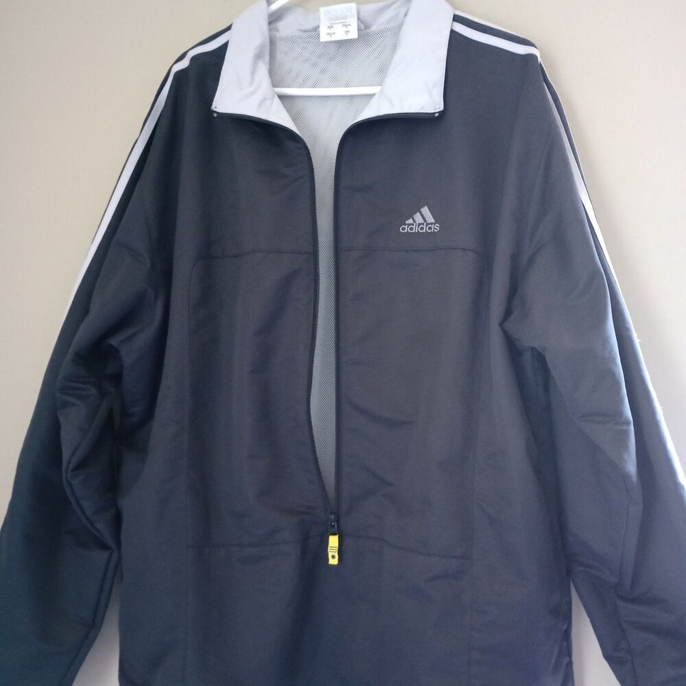 VINTAGE Adidas Black White Striped Windbreaker Jacket Vented Back Size Large - Picture 2 of 9